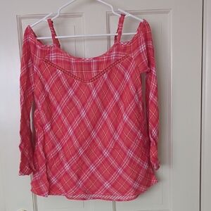 Jessica Simpson Red Plaid Off-Shoulder Blouse